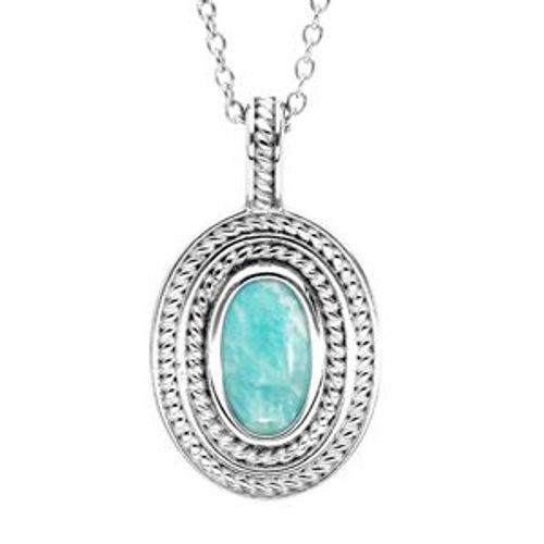 Collier Argent Rhodié Pendentif Ovale Pierre Cabochon Amazonite Véritable 40+4cm
