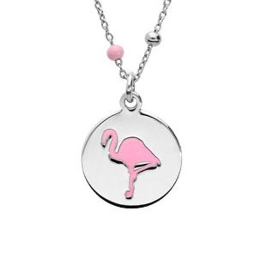 Collier Argent Rhodié Boules Et Résine Motif Flamant Rose 39+3cm