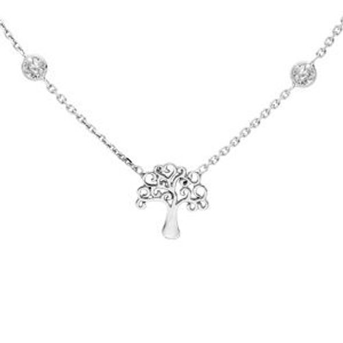 Collier Argent Rhodié Arbre De Vie Et 4 Oxydes Blancs Sertis 40+5cm