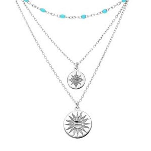 Collier Argent Rhodié 2 Rangs Avec 2 Pastilles Soleil Et 1 Rang Boules Résine Bleue 40+5cm