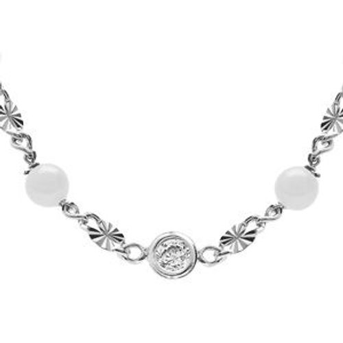 Collier Argent Rhodié Pastille Diamantée Et Boule Verre Blanche 38+5cm