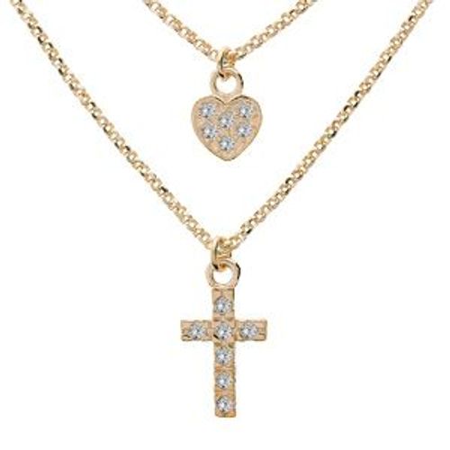 Collier Argent Et Dorure Jaune Triple Chaîne Pendentif Coeur Et Croix 35+5cm