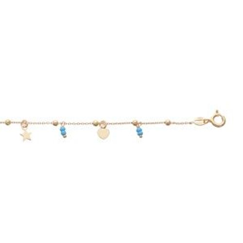 Chaîne Cheville Argent Et Dorure Jaune Pampilles Étoiles, Coeurs Et Boules Bleues 23+2,5m