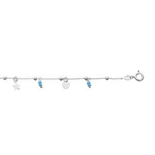 Chaîne Cheville Argent Rhodié Pampilles Étoiles, Coeurs Et Boules Bleues 23+2,5m
