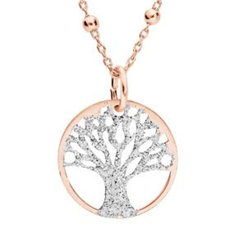 Collier Argent Et Dorure Rose Pendentif Arbre De Vie Granité 15mm 38+5cm