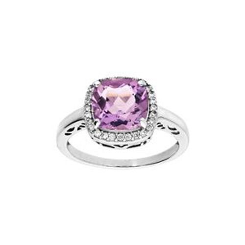 Bague Argent Rhodié Massif Pierre Carré Amethyste Veritable Contour Oxydes Blancs Sertis
