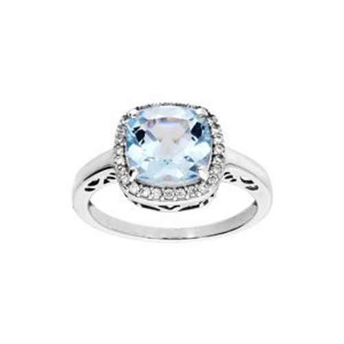 Bague Argent Rhodié Massif Pierre Carré Topaze Bleue Veritable Oxydes Blancs Sertis