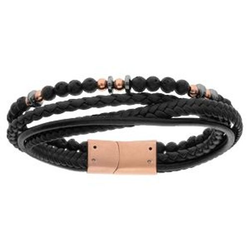 Bracelet Acier Et Pvd Rose Multi Fils Cuir Bovin Noir Et Boules Pierre De Lave 20,5cm