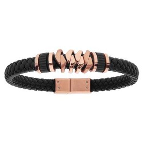 Bracelet Acier Et Cuir Bovin Noir Dorure Rose 20,5cm