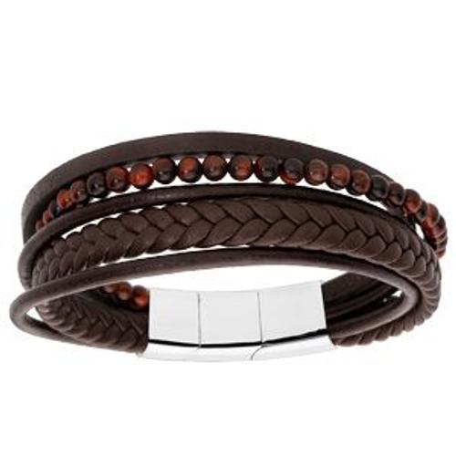 Bracelet Acier Et Cuir Bovin Marron Multi Fils Et Boules Oeil De Tigre 20cm + 1cm Double Fermoir