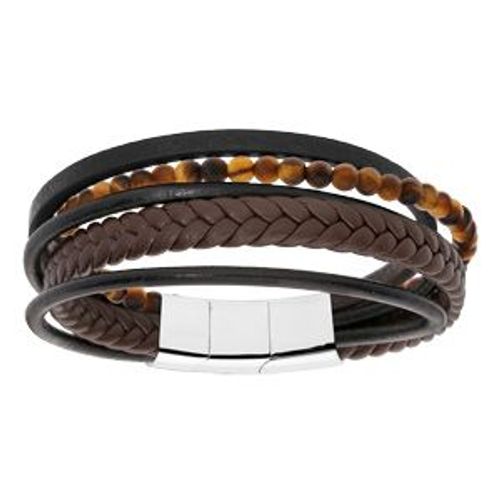 Bracelet Acier Et Cuir Bovin Marron Et Noir Multifils Et Boules Oeil De Tigre 20cm + 1cm Double Fermoir
