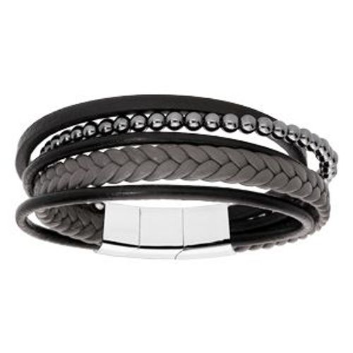 Bracelet Acier Et Cuir Bovin Noir Et Gris Multifils Et Boules 20cm + 1cm Double Fermoir