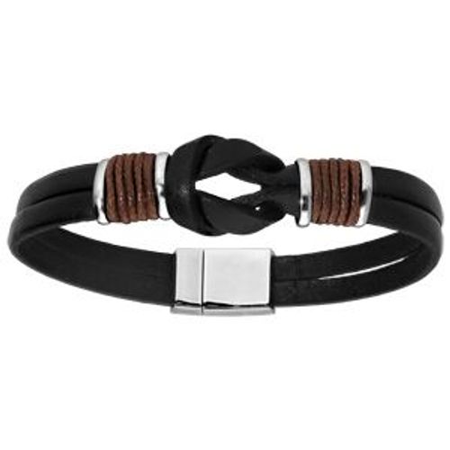 Bracelet Acier Et Cuir Bovin Noir Coton Marron Réglable 21cm