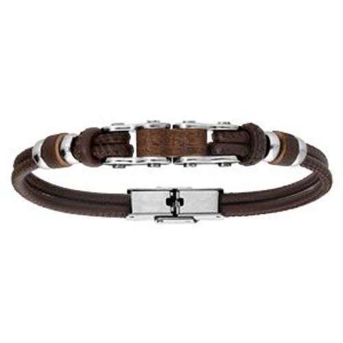 Bracelet Acier Cuir Bovin Marron Et Bois Réglable 20cm