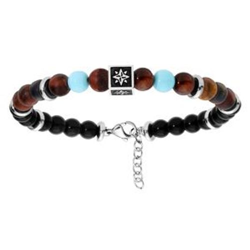 Bracelet Acier Boules Onyx Et Oeil De Tigre Cube Motif 19,5+2,5cm