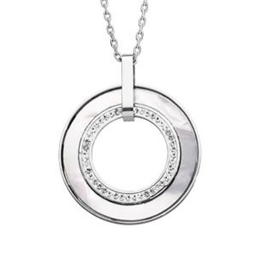 Collier Acier Cercle Nacre Blanche Imitation Et Strass Blancs 42+3cm