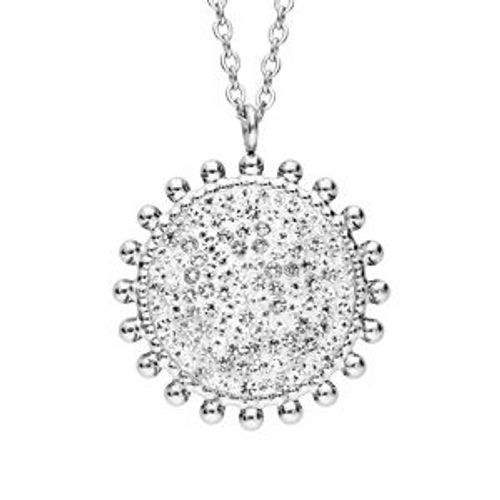 Collier Acier Pendentif Rond Pierres Blanches Et Résine Blanche 45+5cm