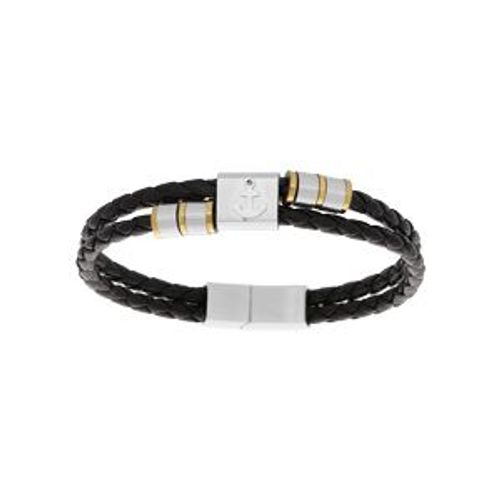 Bracelet Acier Et Cuir Bovin 2 Tresses Marron Motif Ancre Pvd 21cm