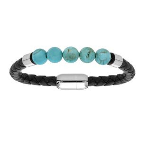 Bracelet Acier Et Simili Cuir Noir Avec Boules Turquoise Imitation Fermoir Aimanté 21,5cm
