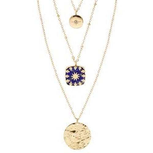 Collier Acier Et Pvd Jaune 2 Rangs Pendentifs Ronds Et 1 Carré Bleu 38+5cm
