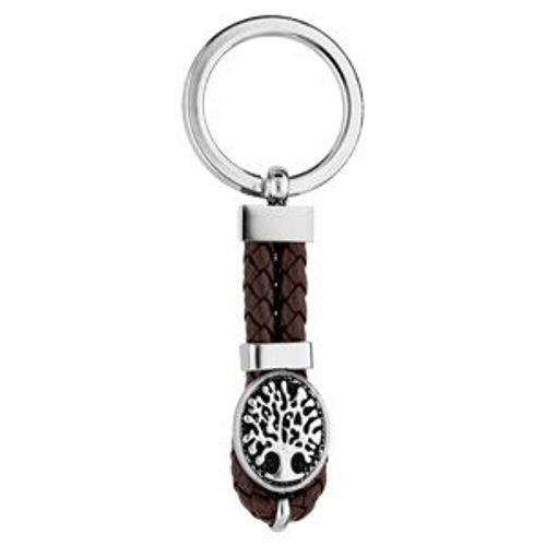 Porte Clef Acier Et Cuir Bovin Tresse Marron Arbre De Vie