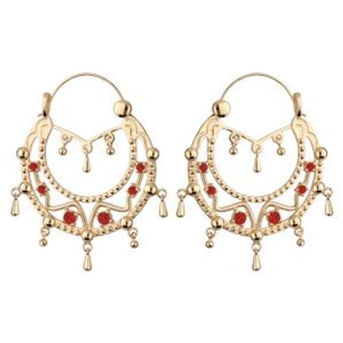 Créoles Ethniques Plaqué Or Pierre Rouge Avec Chaînette Diamètre 45mm