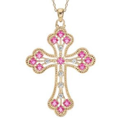 Collier Plaqué Or Pendentif Croix Empierre Rose 40+5cm