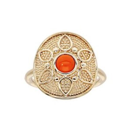 Bague Plaqué Or Forme Ronde Motif Fleur Pierre Couleur Corail