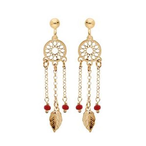 Boucles D'oreilles Tige Argent Et Dorure Jaune Attrape Reve Boules Résine Rouge