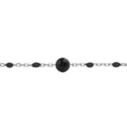 Bracelet Argent Rhodié Olives Résine Noire Et Pierre Agate Noire Véritable 16+3cm