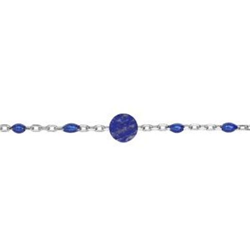 Bracelet Argent Rhodié Olives Résine Bleu Foncé Et Pierre Lapis Lazuli Véritable 16+3cm