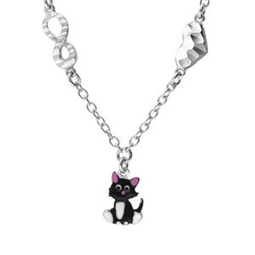 Collier Argent Rhodié Motif Infini Et Coeur Avec Chat Emaillé 35+4cm