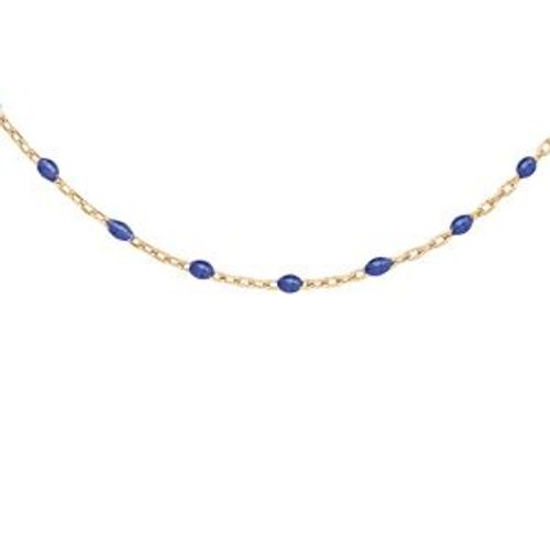Collier Argent Et Dorure Jaune Olives Résine Bleu Foncé 40+5cm
