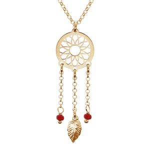 Collier Argent Et Dorure Jaune Attrape Reve Boules Résine Rouge 38+5cm