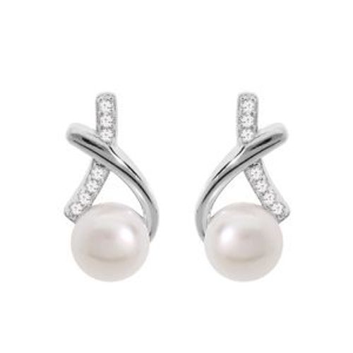 Boucles D'oreilles Tige Argent Rhodié Perle De Culture D'eau Douce Blanche Et Oxydes Blancs Sertis