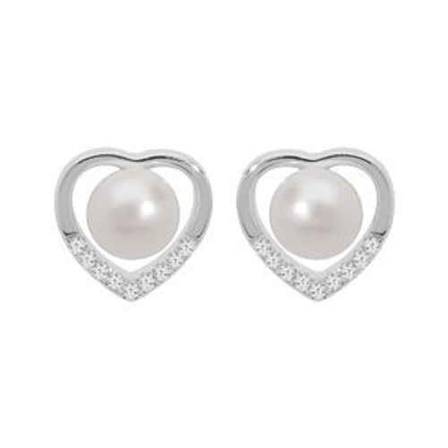 Boucles D'oreilles Tige Argent Rhodié Coeur Perle De Culture D'eau Douce Blanche Et Oxydes Blancs Sertis