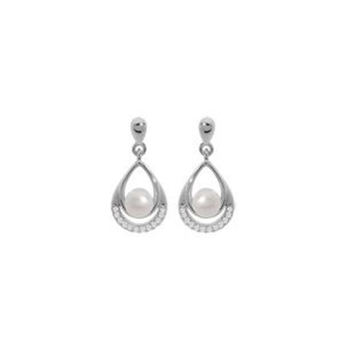 Boucles D'oreilles Tige Argent Rhodié Perle De Culture D'eau Douce Blanche Et Oxydes Blancs Sertis