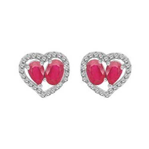 Boucles D'oreilles Tige Argent Rhodié 2 Rubis Véritables Contour Forme Coeur Topazes Blanches Serties