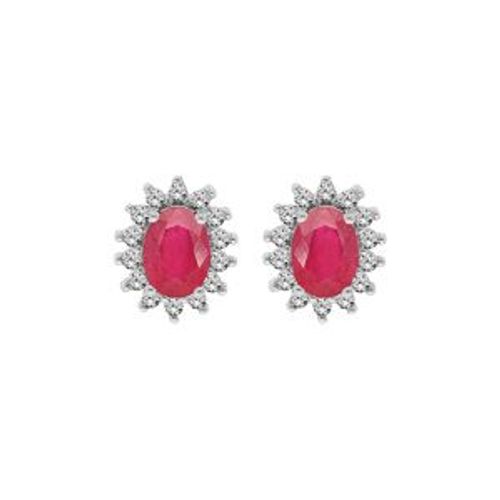 Boucles D'oreilles Tige Argent Rhodié Rubis Véritable Contour Topazes Blanches Serties