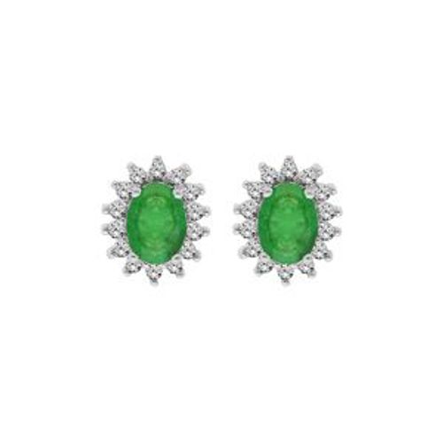 Boucles D'oreilles Tige Argent Rhodié Emeraude Véritable Contour Topazes Blanches Serties