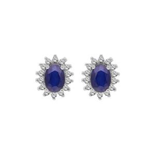 Boucles D'oreilles Tige Argent Rhodié Saphir Véritable Contour Topazes Blanches Serties