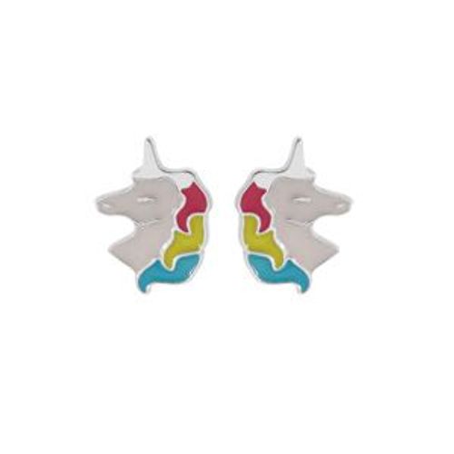 Boucles D'oreilles Tige Argent Rhodié Licorne Résine Blanche Et Multicouleur