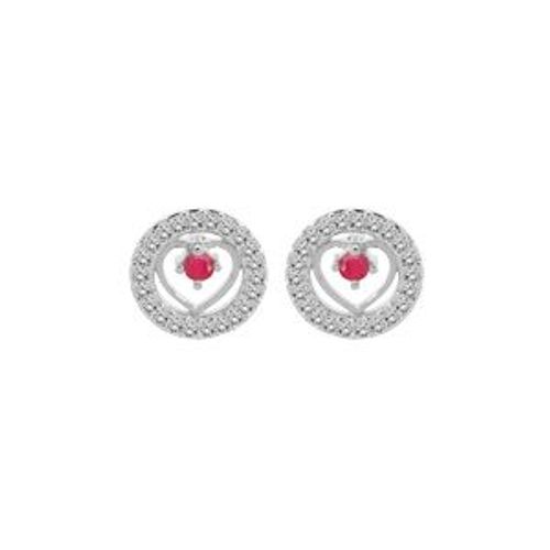 Boucles D'oreilles Tige Argent Rhodié Coeur Rubis Véritable Contour Oxydes Blancs