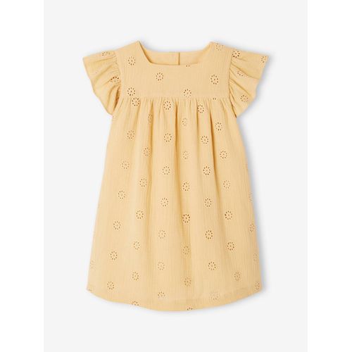 Robe Cérémonie En Broderie Anglaise Fille Gaze De Coton Jaune Pastel