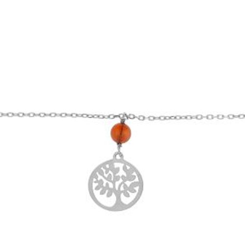 Bracelet Argent Rhodié Boule Ambre Véritable Et Arbre De Vie 16+3cm