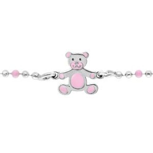 Bracelet Argent Rhodié Boules Ourson Résine Rose 13+3cm