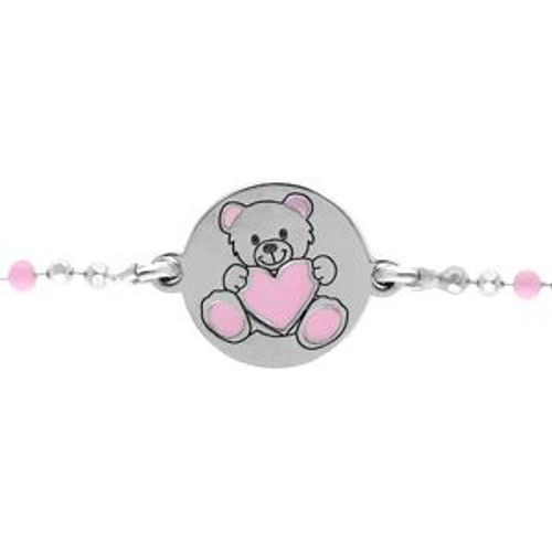 Bracelet Argent Rhodié Boules Rondelle Avec Ourson Résine Rose 13+3cm