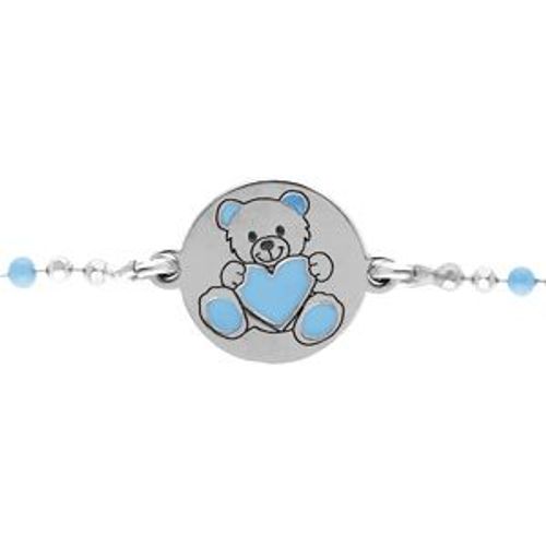 Bracelet Argent Rhodié Boules Rondelle Avec Ourson Résine Bleu 13+3cm
