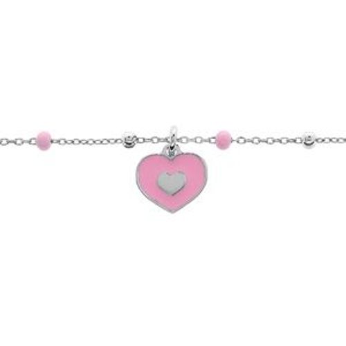 Bracelet Argent Rhodié Pampille Coeur Résine Rose 15+3cm