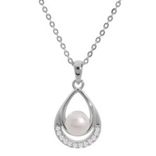 Collier Argent Rhodié Pendentif Perle De Culture D'eau Douce Blanche Et Oxydes Blancs Sertis 42+3cm